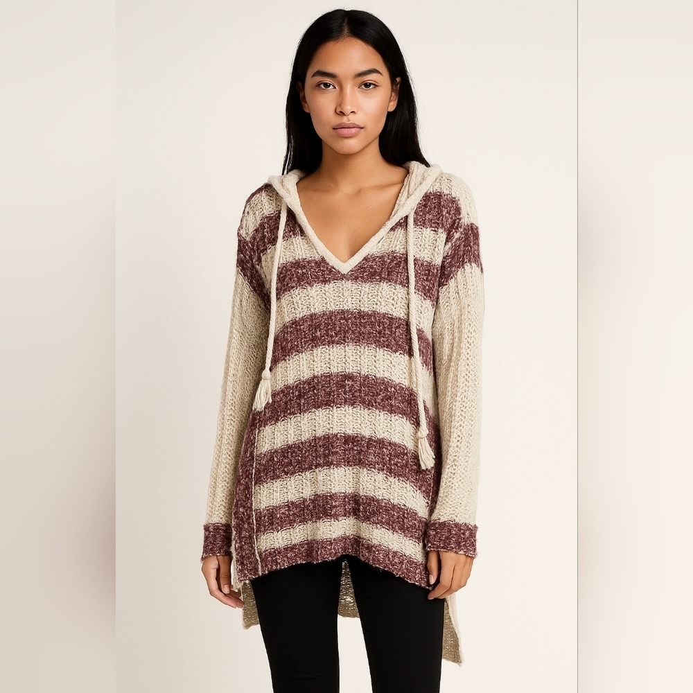 Blu Pepper‎ BA3703 Women’s Large Hooded Knit Sweater Beige Purple Striped...